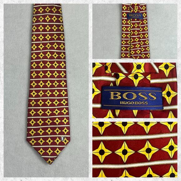 Hugo Boss Handmade Geometric Red Yellow 100% Silk Mens Neck Tie - Picture 1 of 11